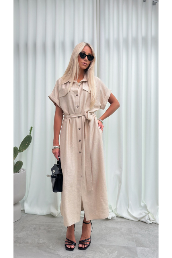 Sukienka Koszulowa Maxi Premium Wiązana w Pasie Elegancka Oversize Guziki Kieszenie - szampański